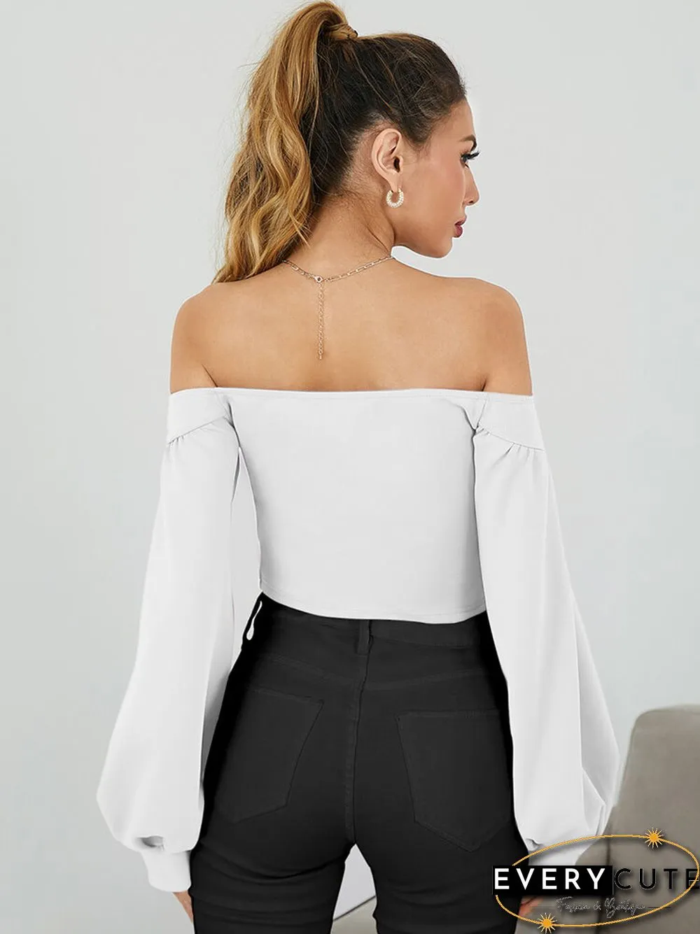 Solid Lantern Long Sleeve Off The Shoulder Crop Top