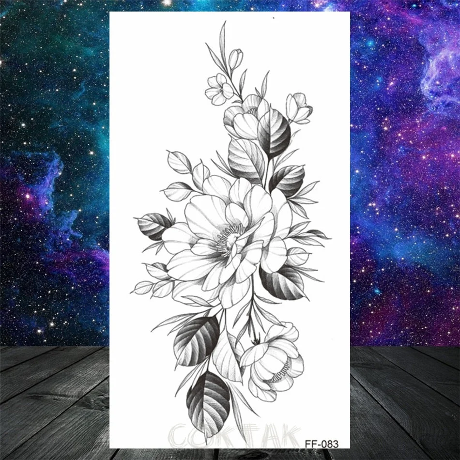 Lotus Flower Temporary Tattoo For Women Girls Snake Peony Lily Rose Chains Tattoos Sticker Black Blossom Fake Transferable Tatoo