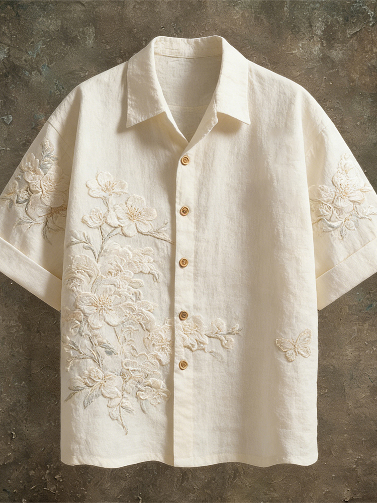 Vintage Lace Floral Pattern Linen Short Sleeve Shirt  artssus