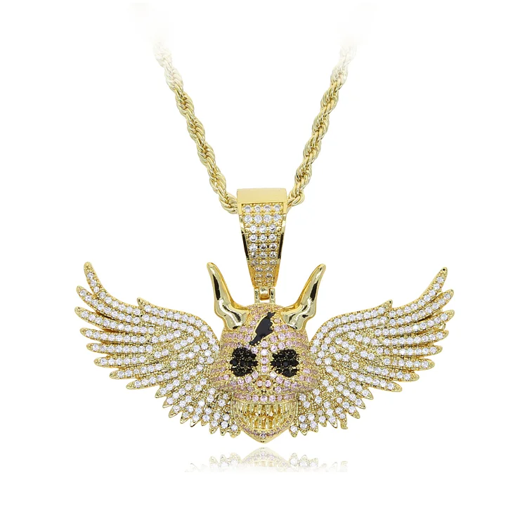 Skull With Wings Pendant Necklace Bling Iced Out CZ Stone Charm Men Hip Hop Jewelry-VESSFUL