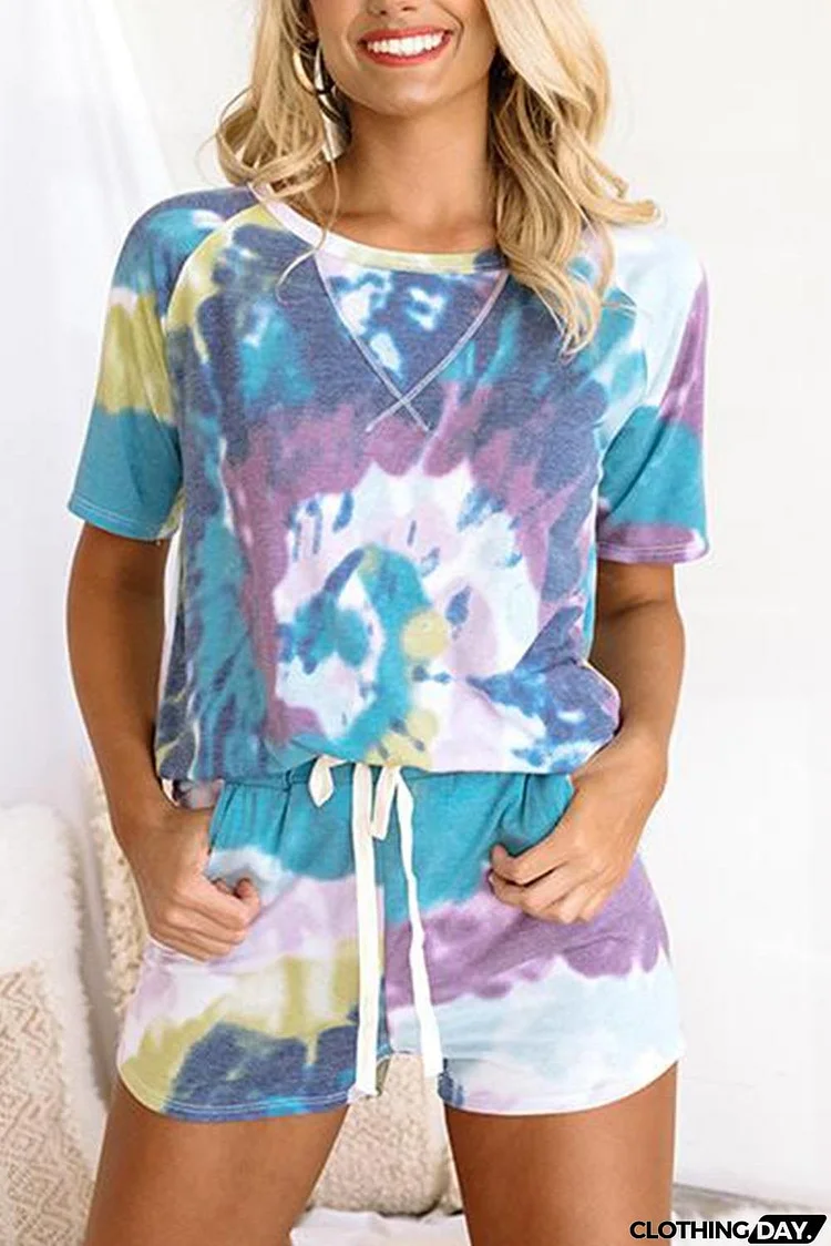 Tie-dye Print Tee and Drawstring Shorts Lounge Set