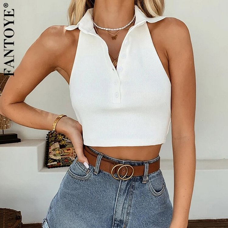 Fantoye Sexy Knitted Halter Crop Top Women Casual Button V-Neck Backless Mini Camis For Women Summer Sleeveless Tops Streetwear - Shop Trendy Women's Clothing | LoverChic