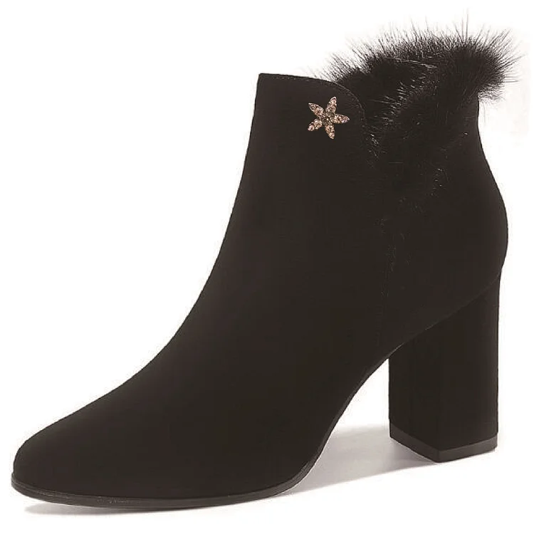 Furry Black Ankle Boots with Decorative Accessories and Block Heels. Vdcoo