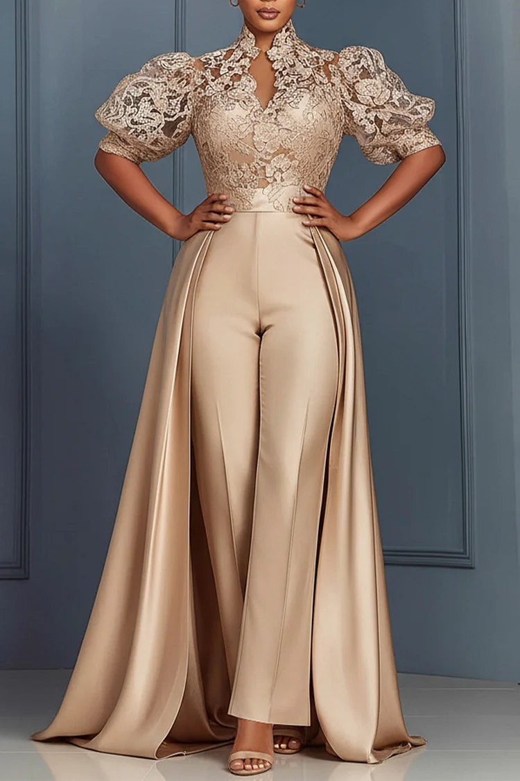 Xpluswear Design Plus Size Formal Satin Champagne Stand-Up Collar Puff Sleeve Short Sleeve Pocket With Skirt Overlay Lace Jumpsuits [Pre-Order]