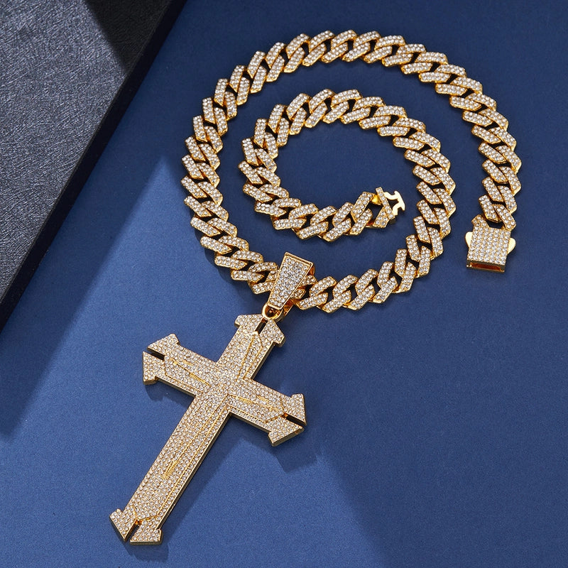 New Men's Hiphop Cross Necklace Diamond Luxury Hip Hop Disco Nightclub Affordable Luxury Style Clavicle Chain
