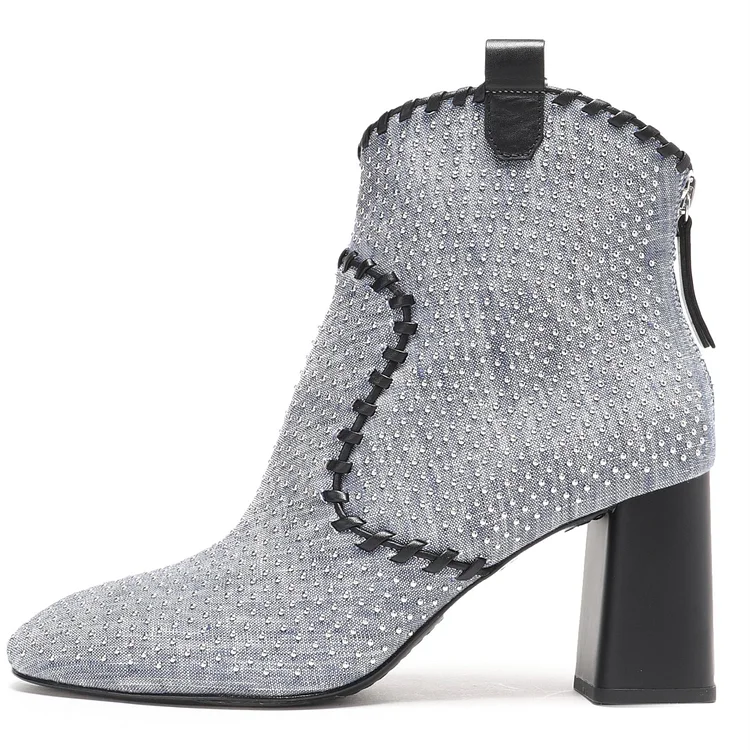 Grey Denim Booties Round Toe Chunky Heel Studded Ankle Boots |FSJ Shoes