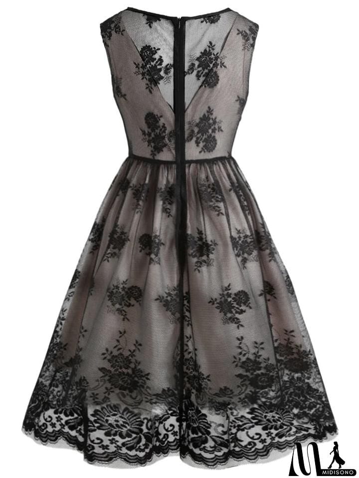 MidiSono - Black 1950S Feminine V Neck Lace Floral&nbsp;Swing Dress