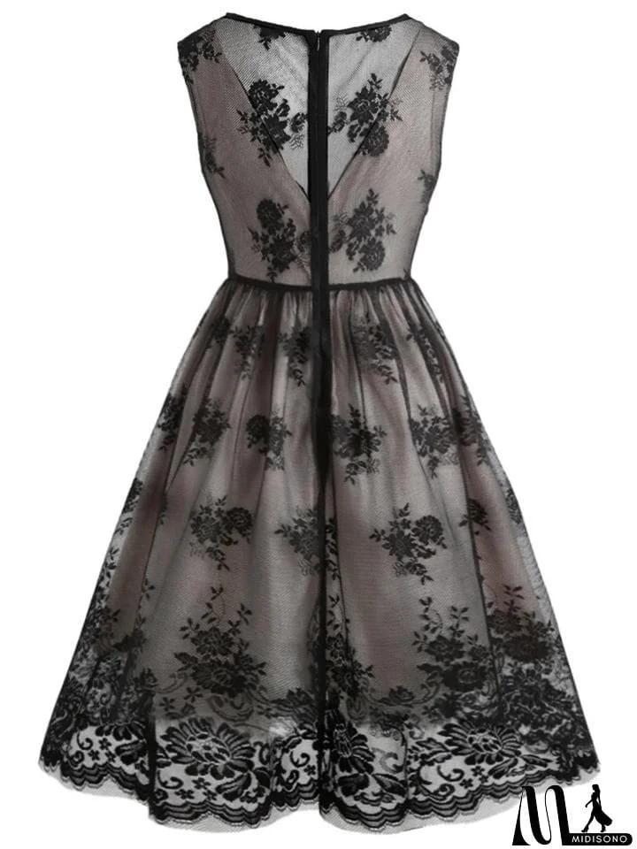 MidiSono - Black 1950S Feminine V Neck Lace Floral&nbsp;Swing Dress
