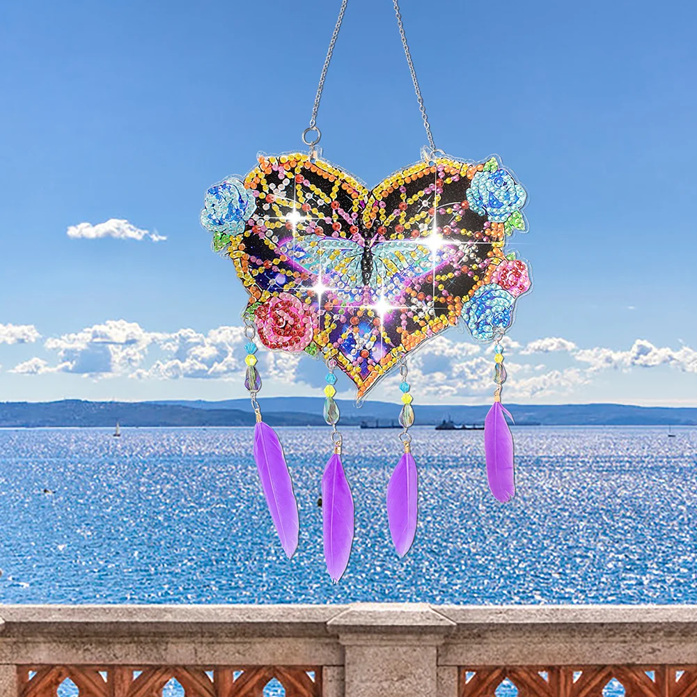 DIY Butterfly Flower Double Sided Feather Wind Chime Diamond Painting Hanging Pendant for Wall Decor