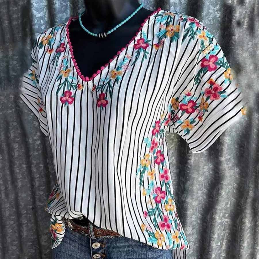 Ethnic Style Women's Printed Striped V-Neck Short Sleeve T-Shirt