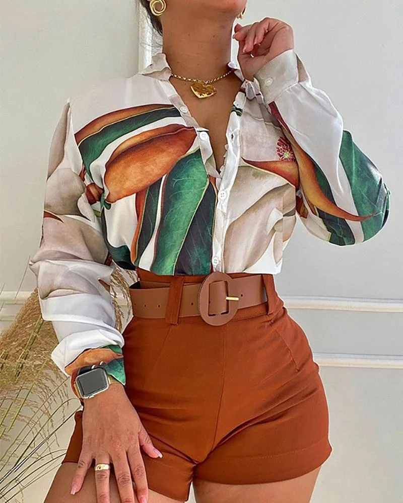 Casual Two Piece Printed Long Sleeve Shirt & Solid Shorts