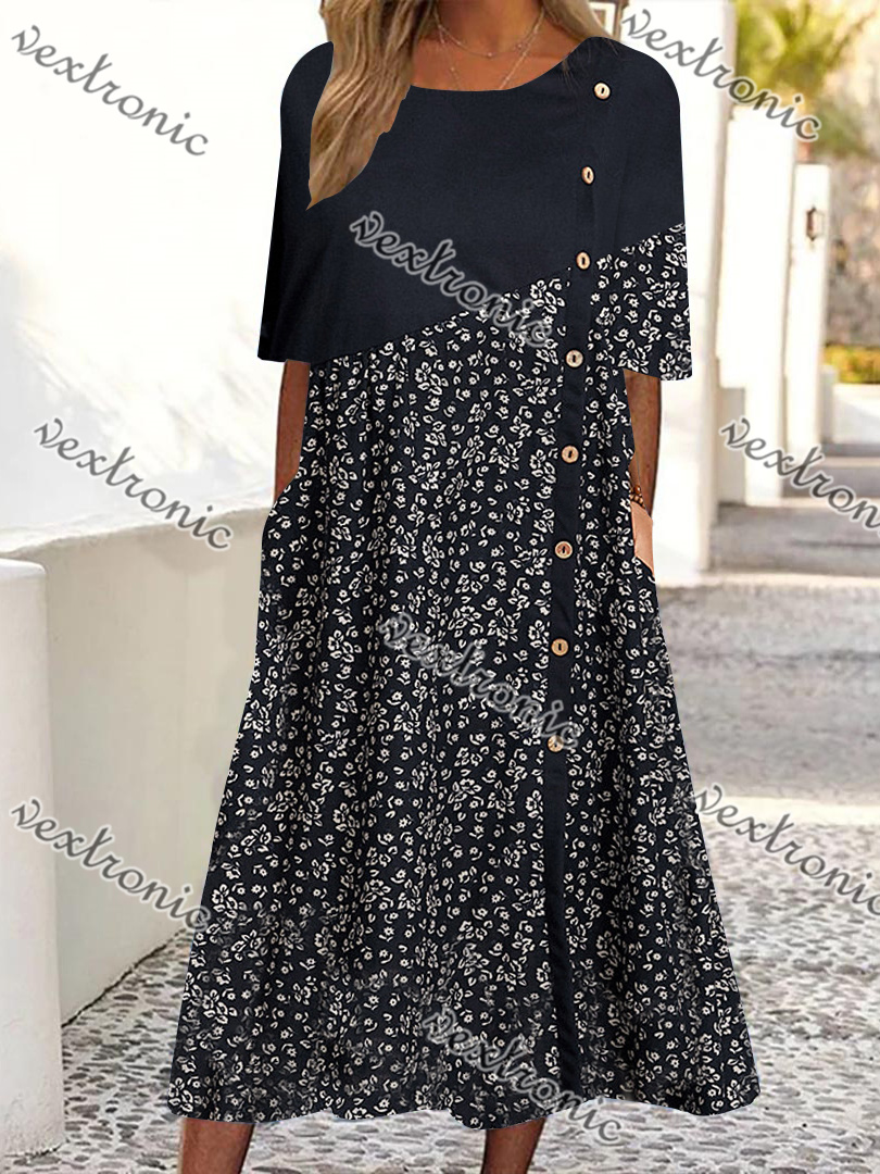 Women Half Sleeve V-neck Solid Color Dress