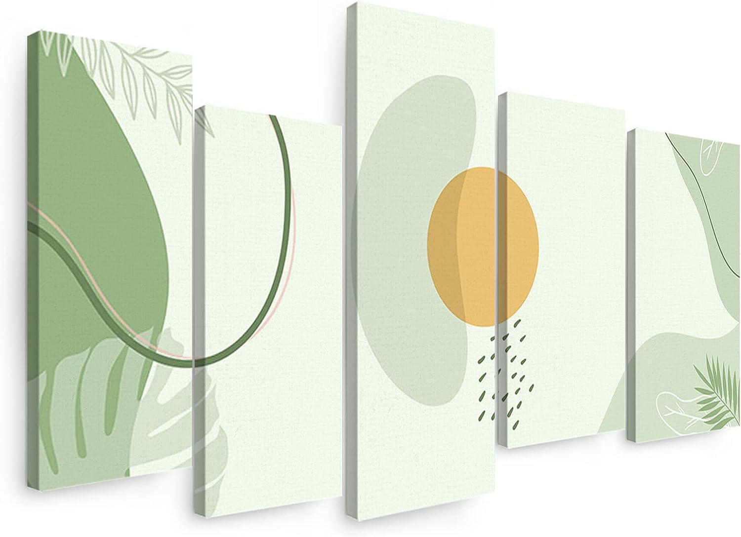 Sunteeny Canvas Wall Art 5 Piece Set for Living Room, Mid Century Abstract Leaf Green Plants Picture Wall Decor Canvas Print Painting for Bathroom, Bedroom, Dining Room, Office, 12&#034;x24&#034;x4pcs, 12&#034;x32&#034;x1pc