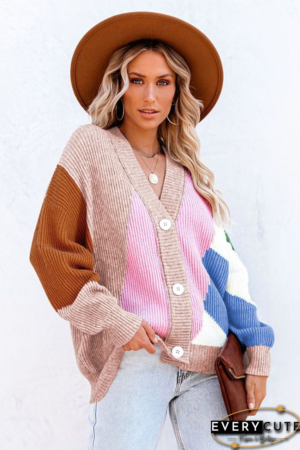 Pink Color Block Buttons Drop-Shoulder Sleeve Cardigan