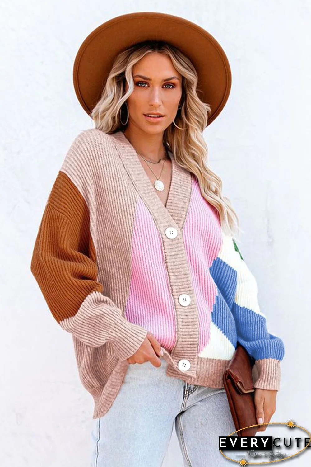 Pink Color Block Buttons Drop-Shoulder Sleeve Cardigan