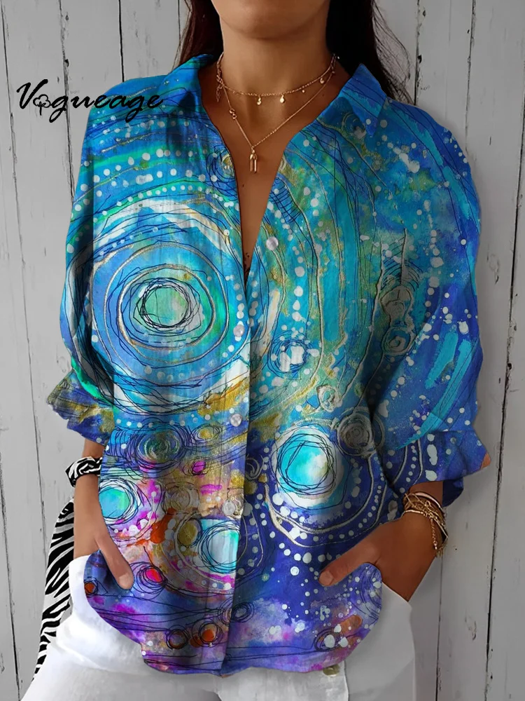 Dreamy Elegant Blue Circle Printed Cotton And Linen Shirt