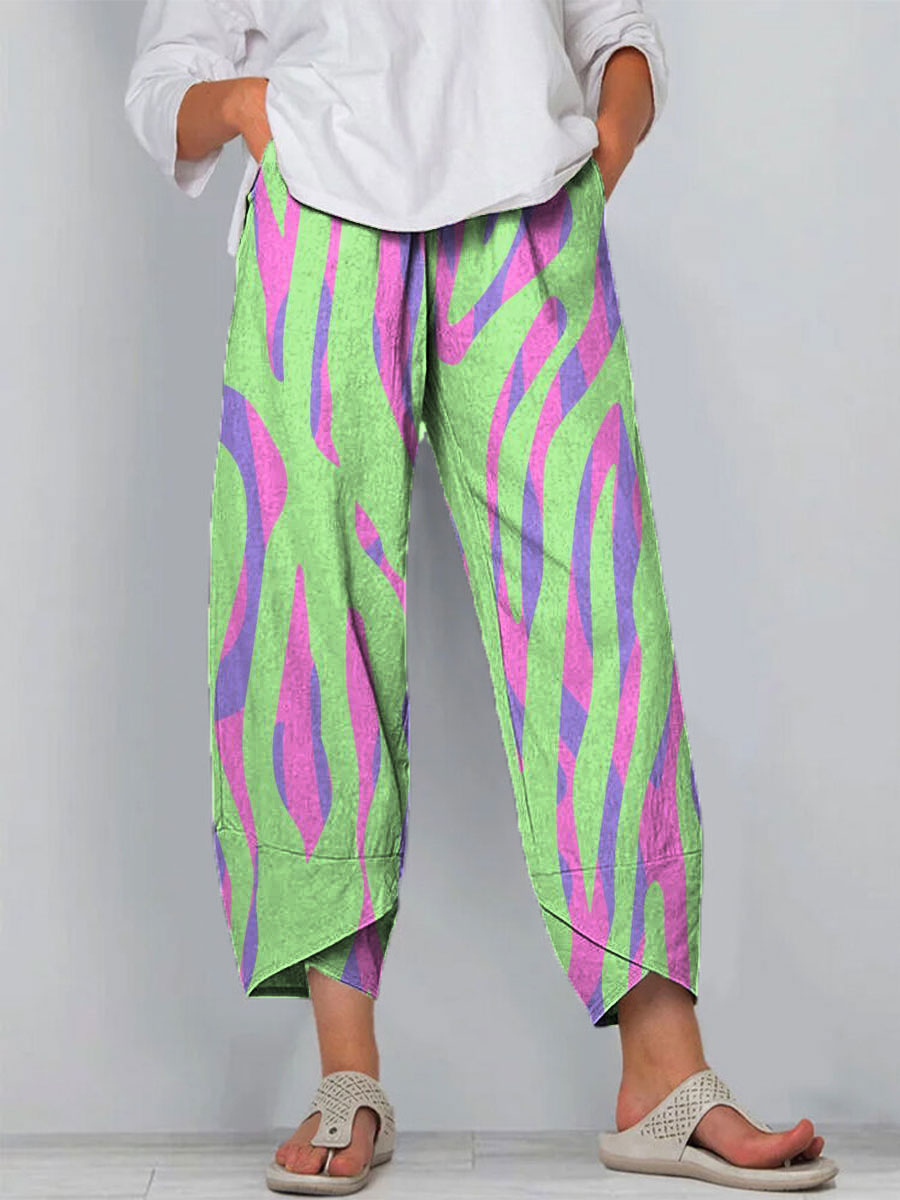 Women's Vintage Colorblock Striped Art Print Cotton And Linen Casual Pants