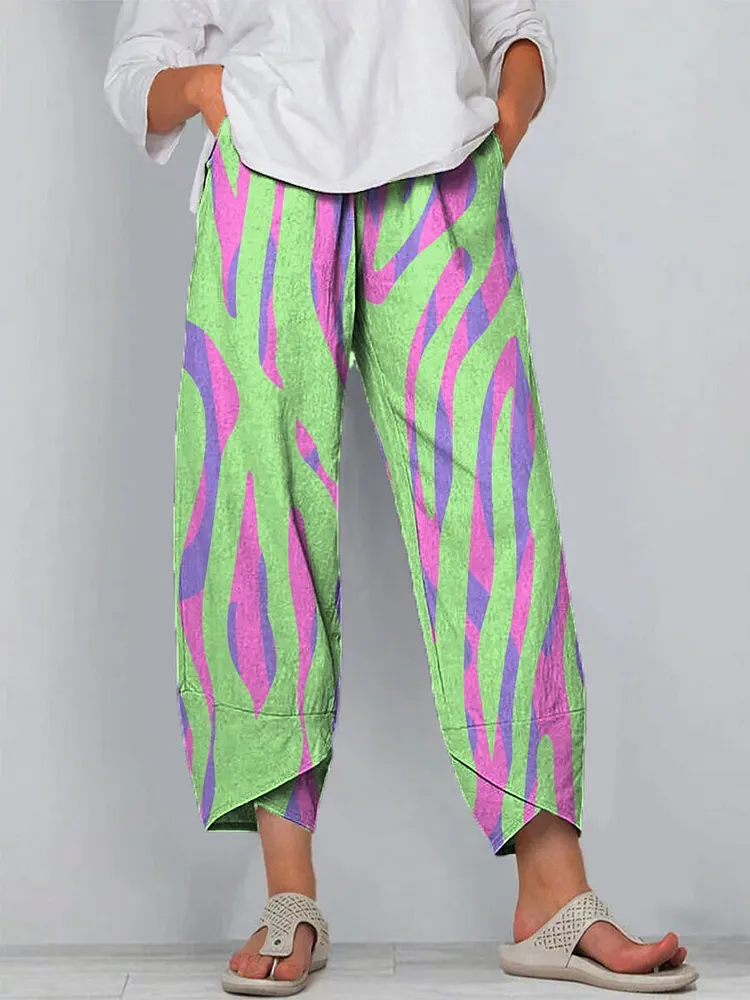 Women's Vintage Colorblock Striped Art Print Cotton And Linen Casual Pants