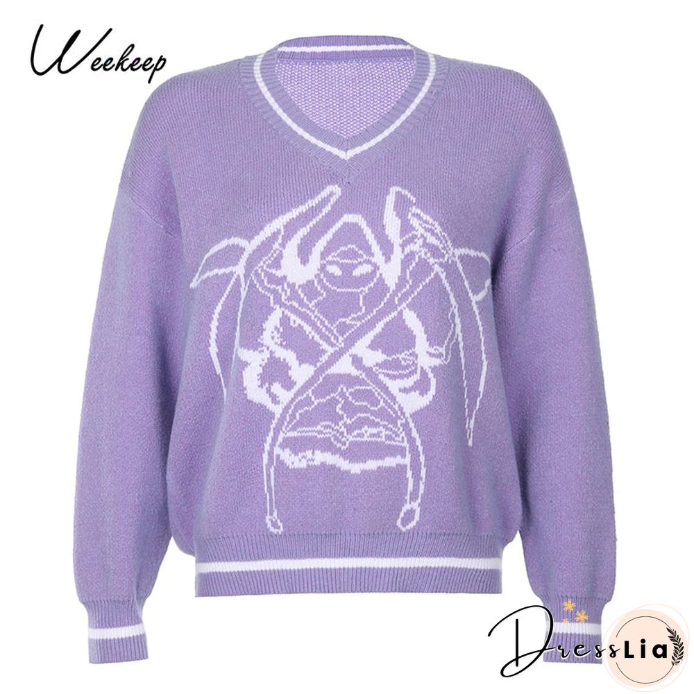 Weekeep Y2K Chic Print Streetwear Oversized Sweater Women'S Casual Autumn Winter Knitted Jumper Fashion Loose Knitwear Pullovers