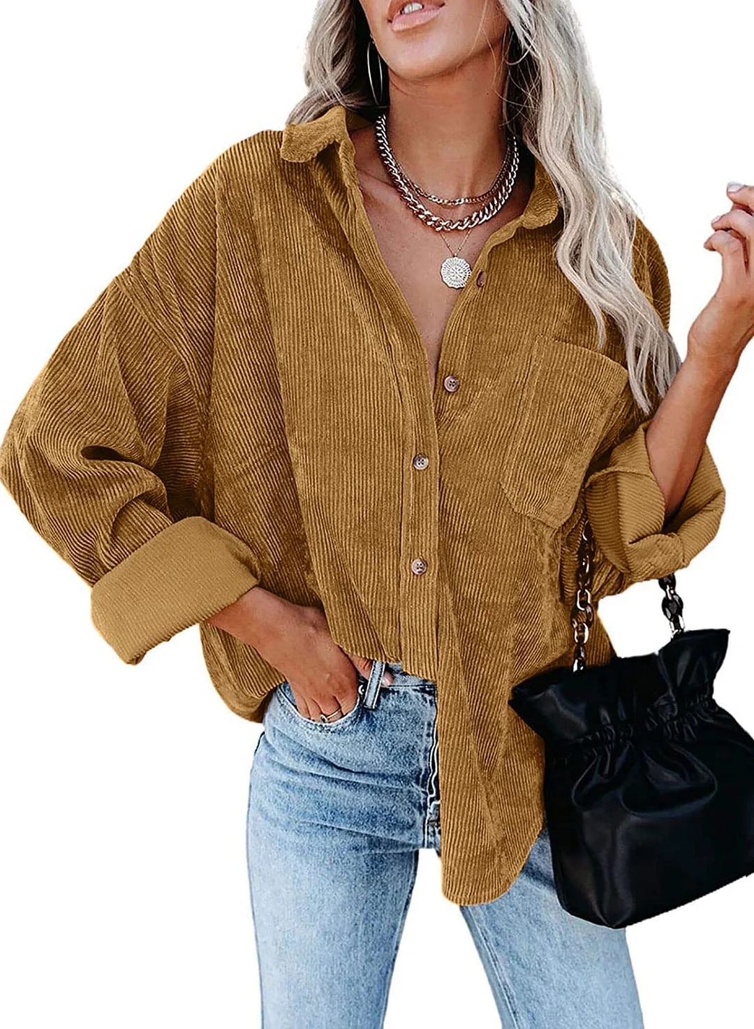 MIHOLL Women Corduroy Long Sleeve Button Down Collared Shirt Jacket Tops