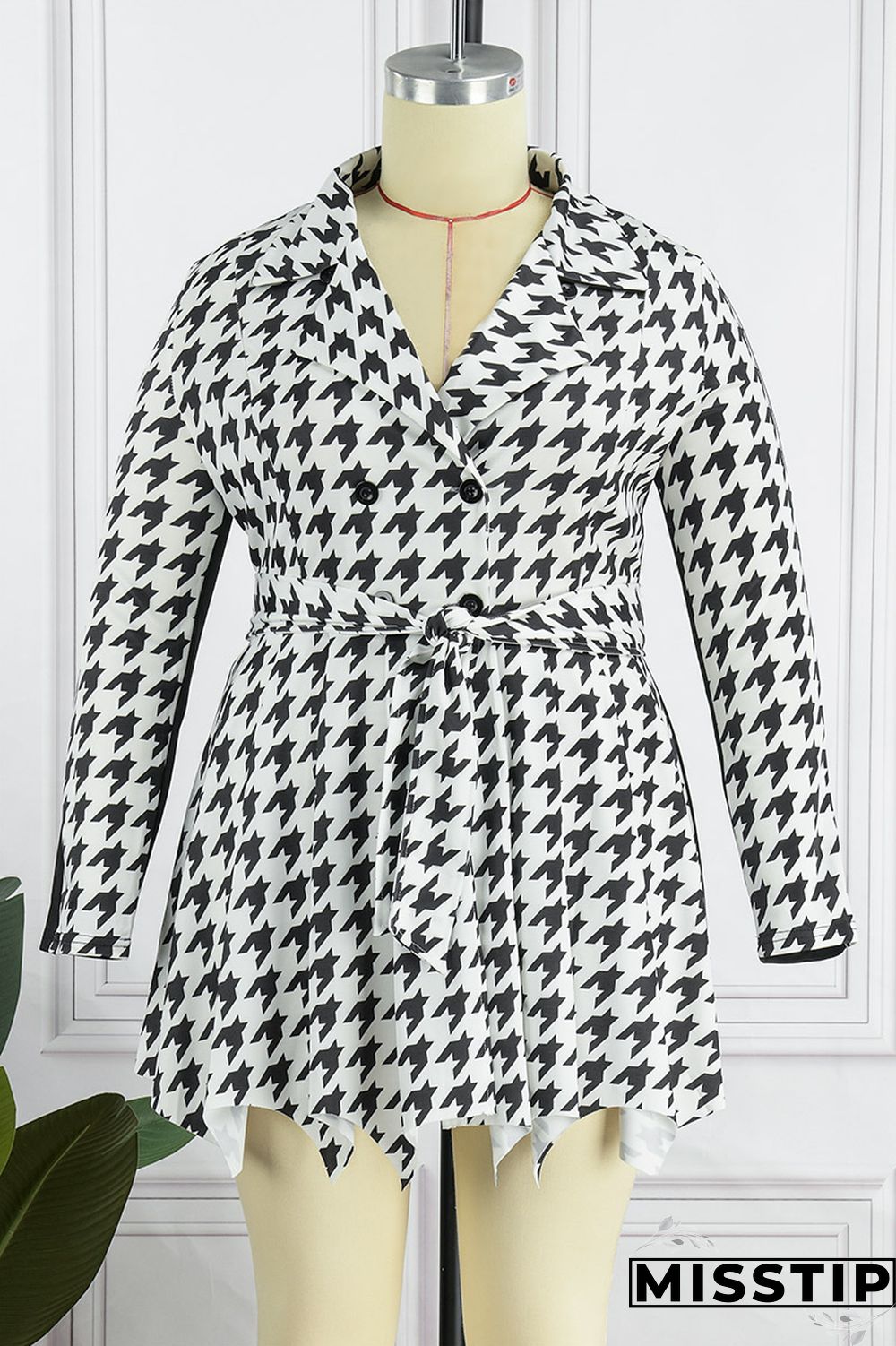 Black And White Casual Print Patchwork Turn-back Collar Long Sleeve Plus Size Dresses