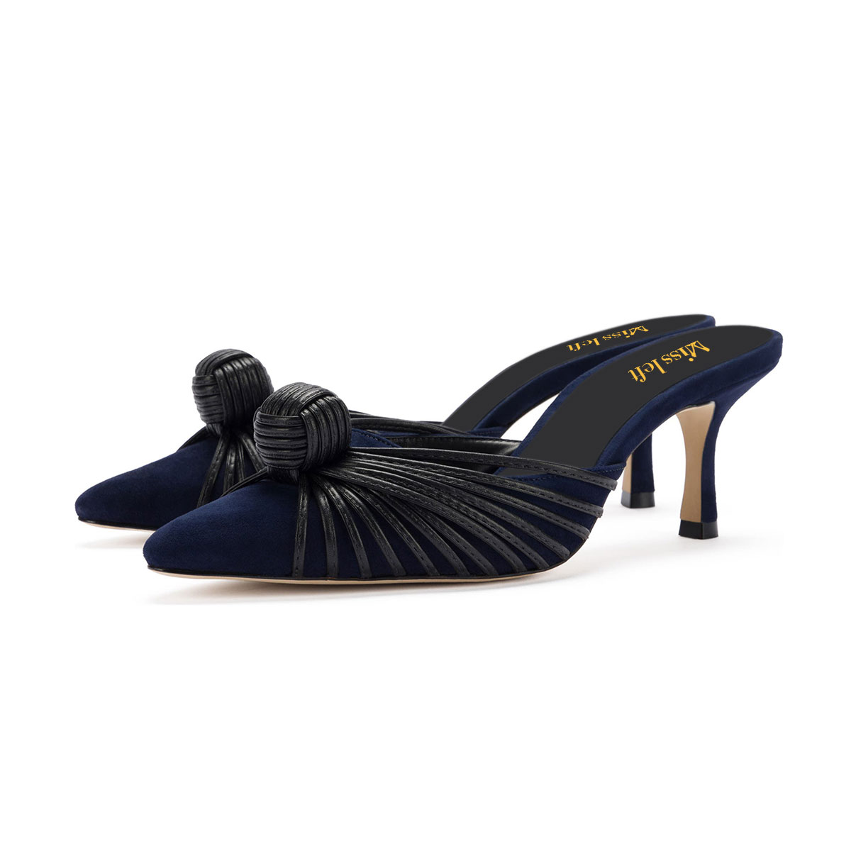 Navy Pointed Toe Stiletto Heel Slip-On Mules Shoes with Knotted Design Nicepairs