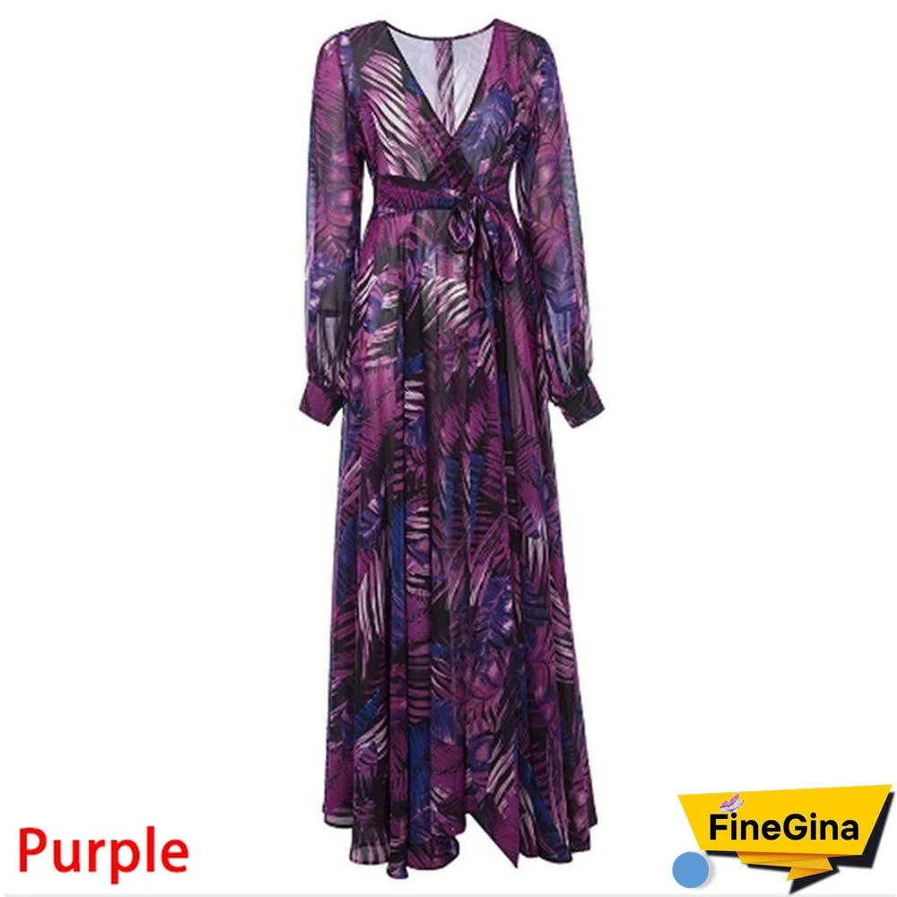 Green Purple Tropical Beach Vintage Maxi Dresses Long Sleeve Dress Boho Casual V Neck Belt Lace Up Tunic Plus Size Dress