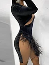 Sexy One-Shoulder Split-Joint See-Through Feathers Black Mini Dress