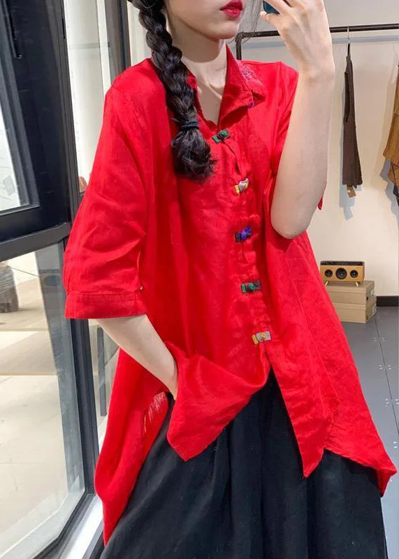 Vintage Red Chinese Button Low High Design Linen Shirt Tops Summer