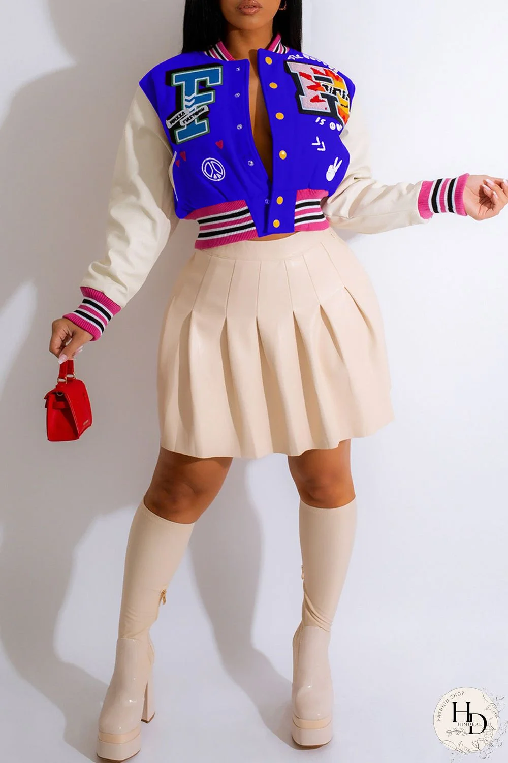 Blue Casual Print Patchwork O Neck Outerwear