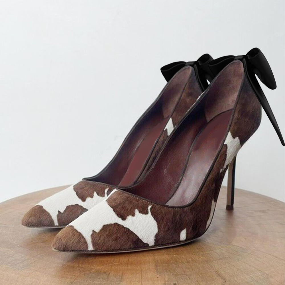 Brown & White Cow Print Pearl Bow Pointed Toe Slip-On Pumps Heels Nicepairs