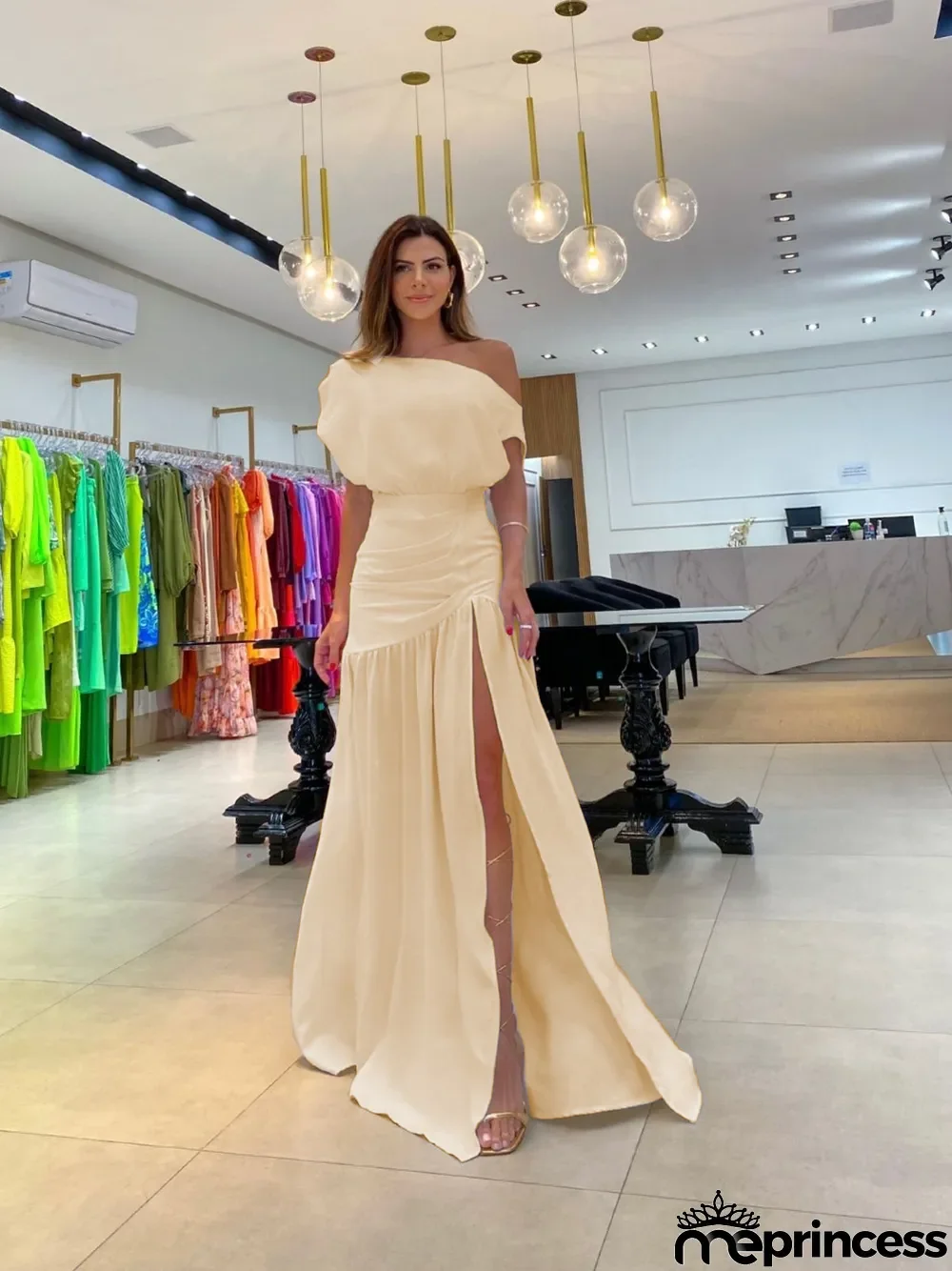 Solid Sexy Slash Shoulder Off-Shoulder Slim Waist Slit Gown Dress