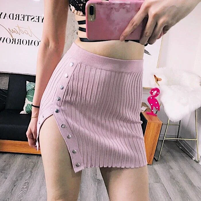 ABEBEY-BACK TO COLLEGE WOMENGAGA Korean Slim High Waist Single-breasted Knit Gold Button  Irregular Split Buttock High Waist Knitted Mini Skirt VY8