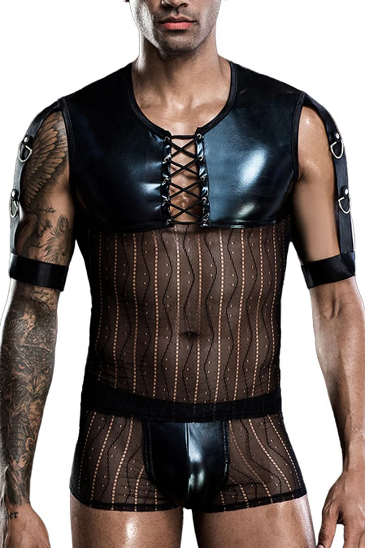 See Through Mesh PU Leather Patchwork Top Shorts Two Piece Set