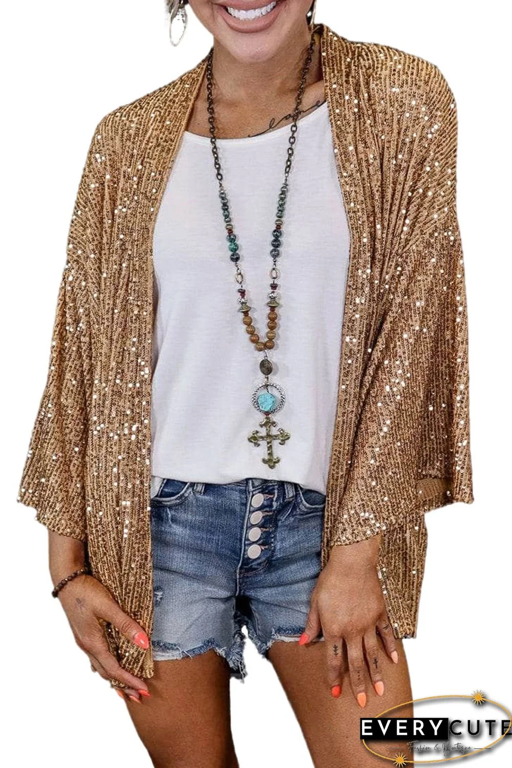 Brown 3/4 Sleeve Sequin Cardigan