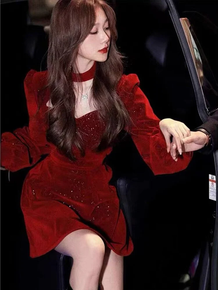 WannaThis Velvet Women Party Dress Bright Hollow Out Folds Shrug Elegant Fashion Sexy Chic Christmas Mini Dress For New Year2022