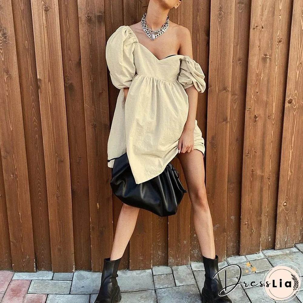 Cotton V-Neck Loose Lantern Sleeve Mini Dress Fashion Blue Summer Women A-Line Solid Retro