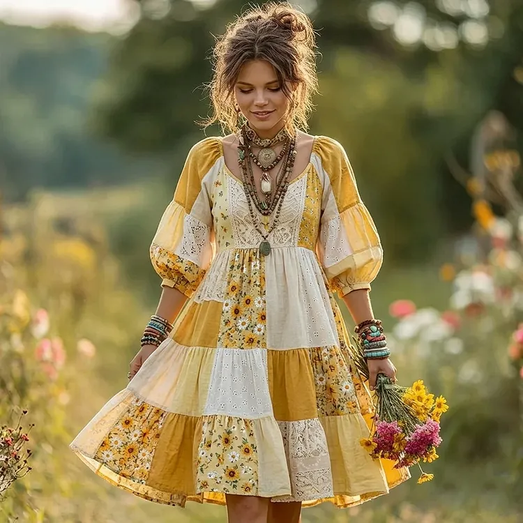 🌻 Women's Sunflower Patchwork Tiered Boho Midi Dress
