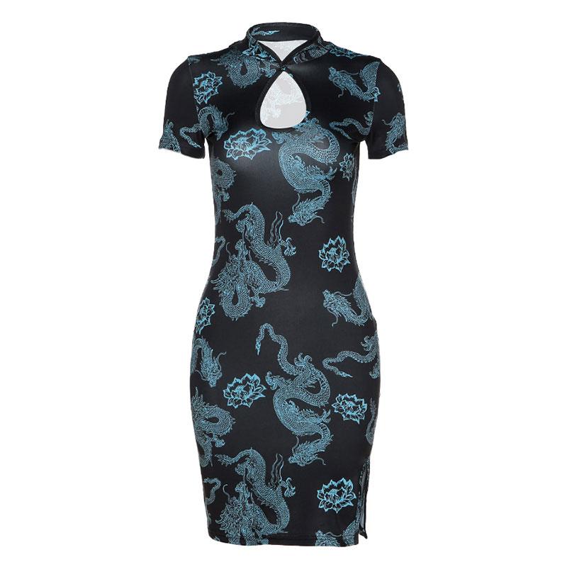 Dragon Flower Print Cheongsam Dress