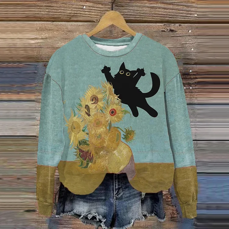 Women's Van Gogh's Sunflower Cat Print Sweatshirt