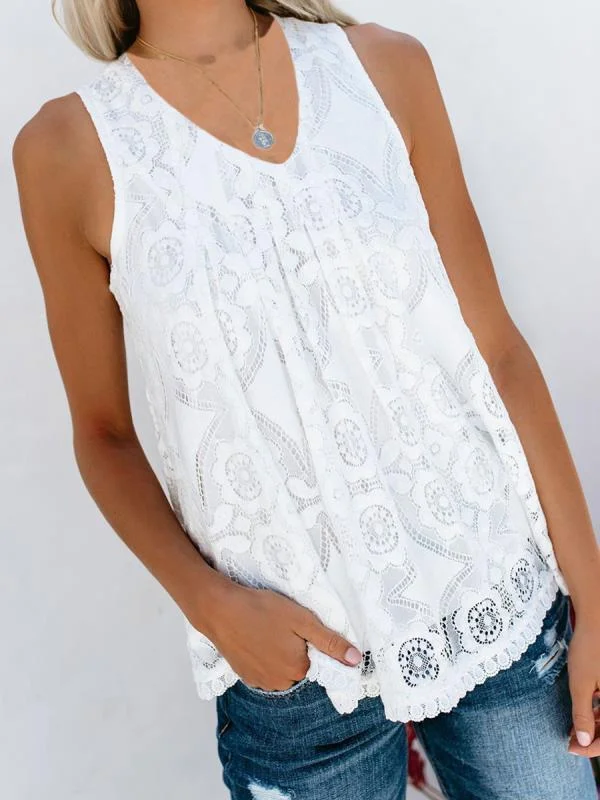 New Summer Fashion V-Neck Stitching Solid Color Lace Tank Top