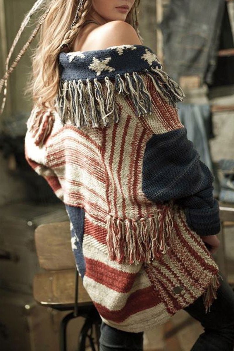 Star Contrast Color Tassels Knit Cardigan