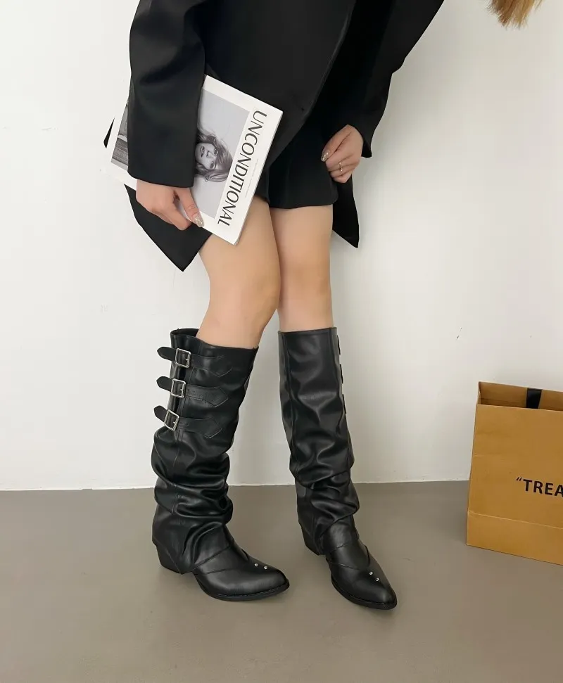 Churchf Churchf Pile Pile Long Boots Women's Western Boots Thick Heel But Knee Belt Buckle Pants Boots