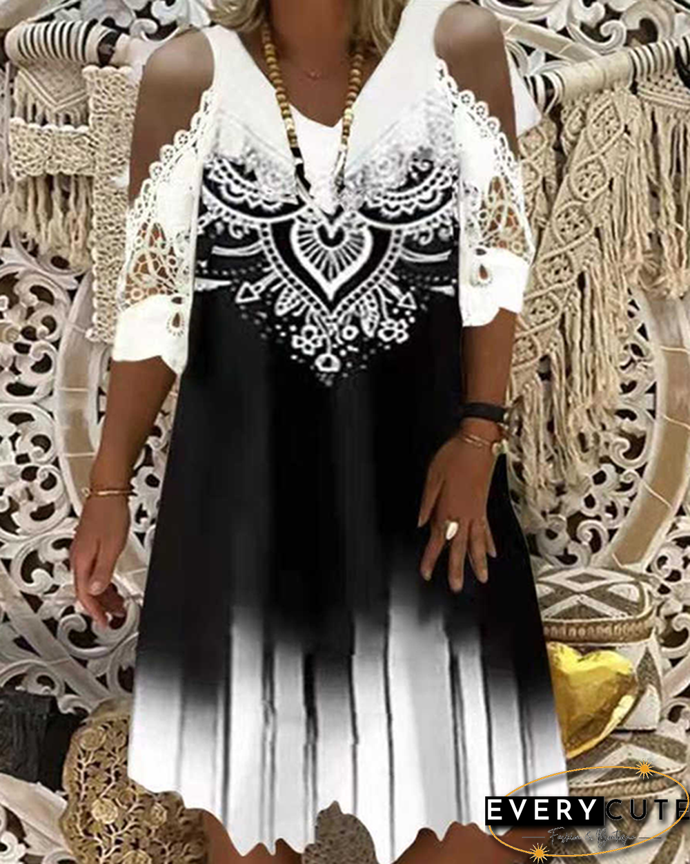 Lace Sleeve V-Neck Print Casual Dress