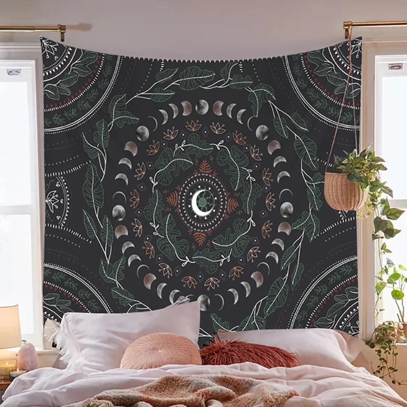 Psychedelic Moon Phase Tapestry Bohemia Flowers Plants Pattern Blanket Tapestry Bedroom Bedspread Decoration Sky Carpet
