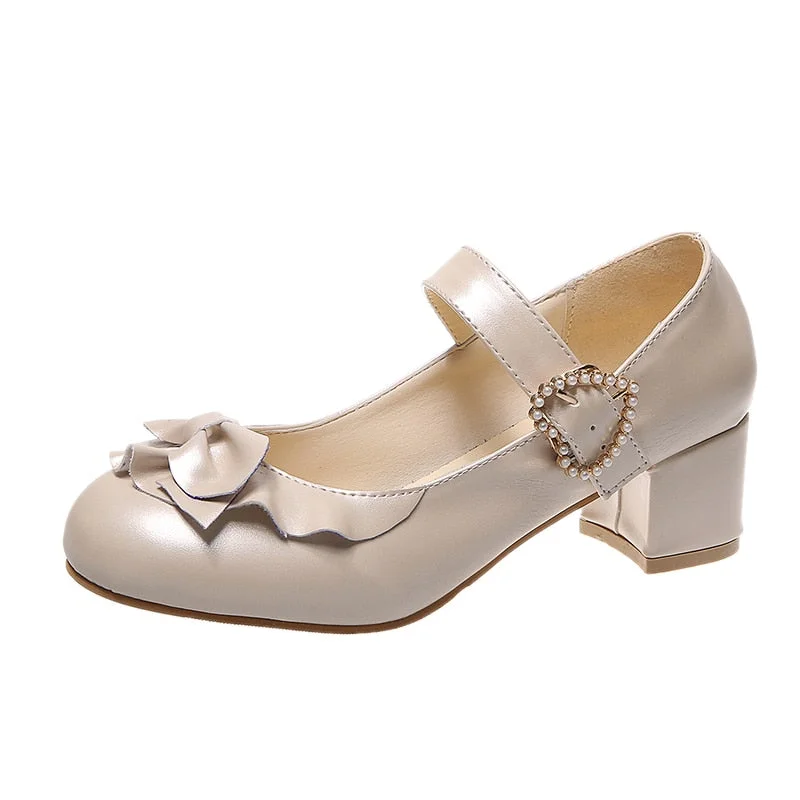 Kawaii Bowknot JK Uniform Lolita Shoes Woman Patent Leather Pearl Mary Jane Shoes For Women High Heels Ankle Strap Pumps