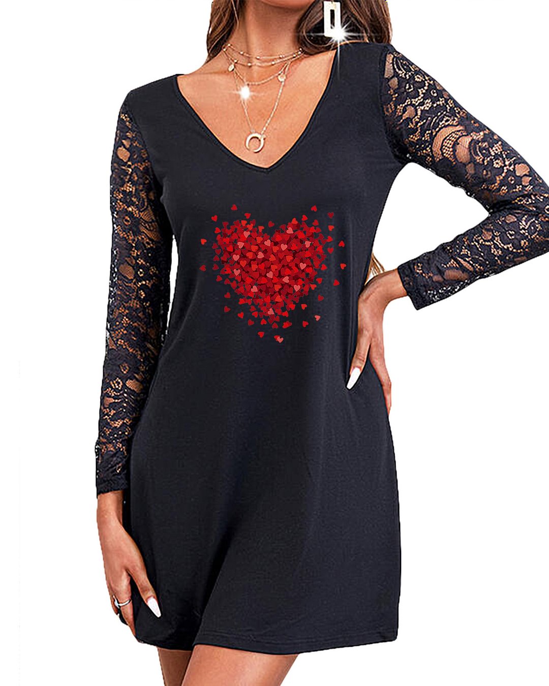 Printed V-Neck Lace Long-Sleeve Straight Pocket Casual Dress
