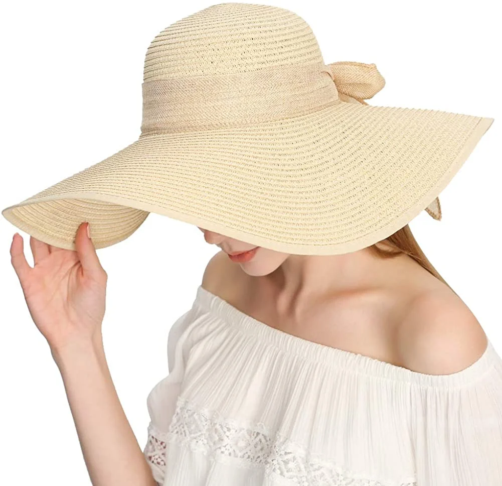 Wide Brime Sun Straw Hat for Women Bow-Knot UV UPF 50+Travel Foldable Summer UV Hat Beach Cap