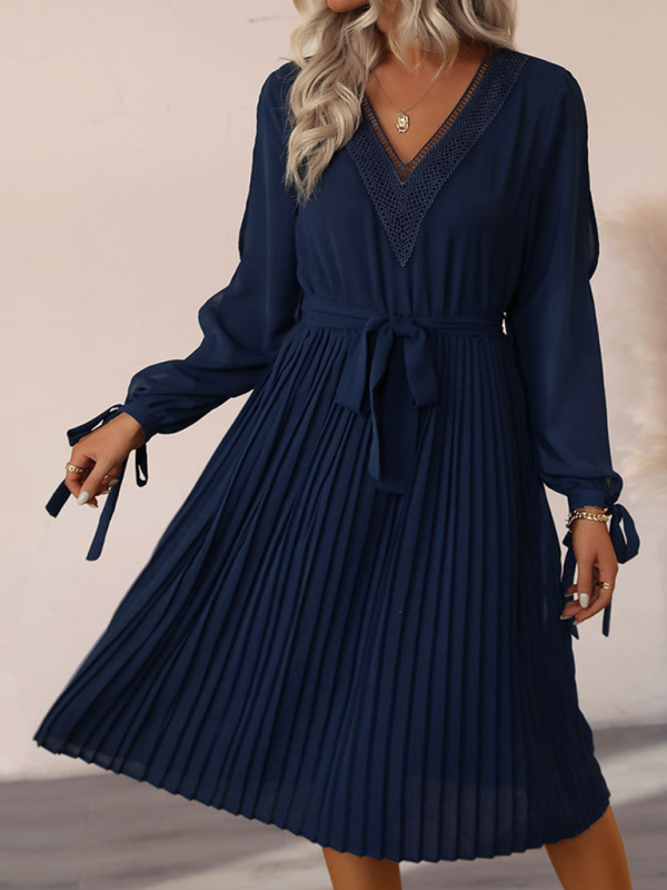 Mature Women Casual Hollow-out Long-sleeve Skirt Pleated V-neck Lace Panel Dress