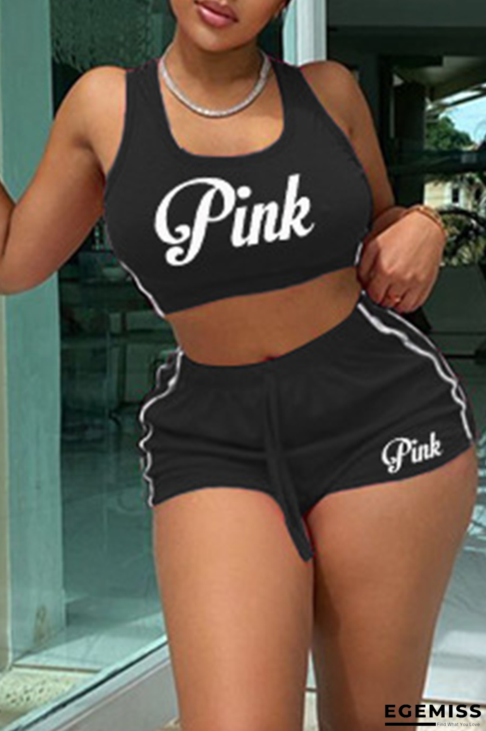 Black Sexy Print Letter U Neck Sleeveless Two Pieces | EGEMISS